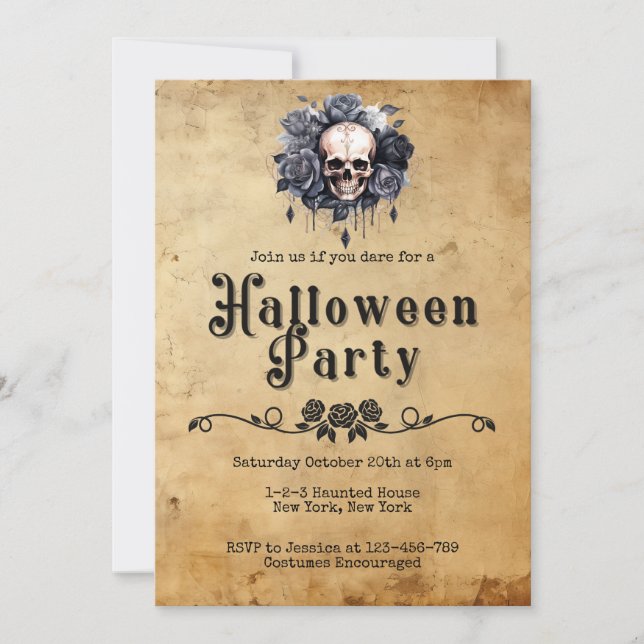 Invitation Halloween partie vintage adulte crâne floral (Devant)