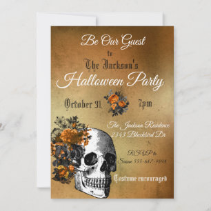 Invitation Halloween Partie Vintage Fleur Crâne Orange Noir