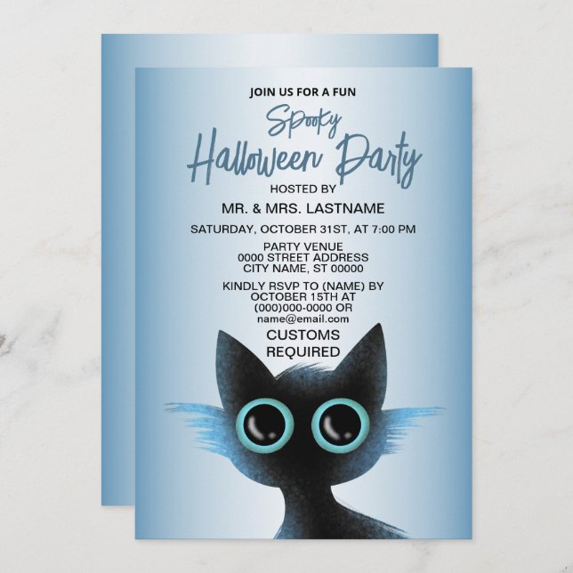 Invitation Halloween Party Big Eyes Black Blue Evil Chat (Devant / Derrière)