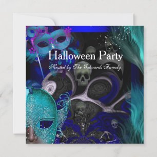 Invitation Halloween Party Blue Turquoise Masques Masquerade