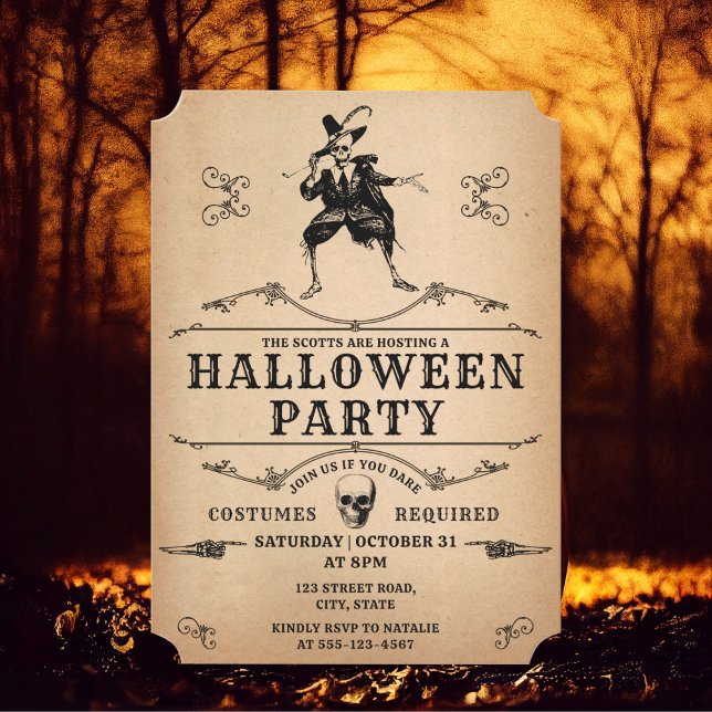 Invitation Halloween Party Danser Squelette Gothique Vintage (Vintage gothic Halloween party invitation against a spooky forest background. )