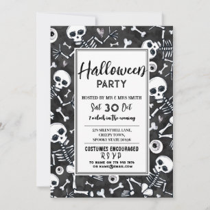 Invitation Halloween Party Haunted Skeltons noir blanc