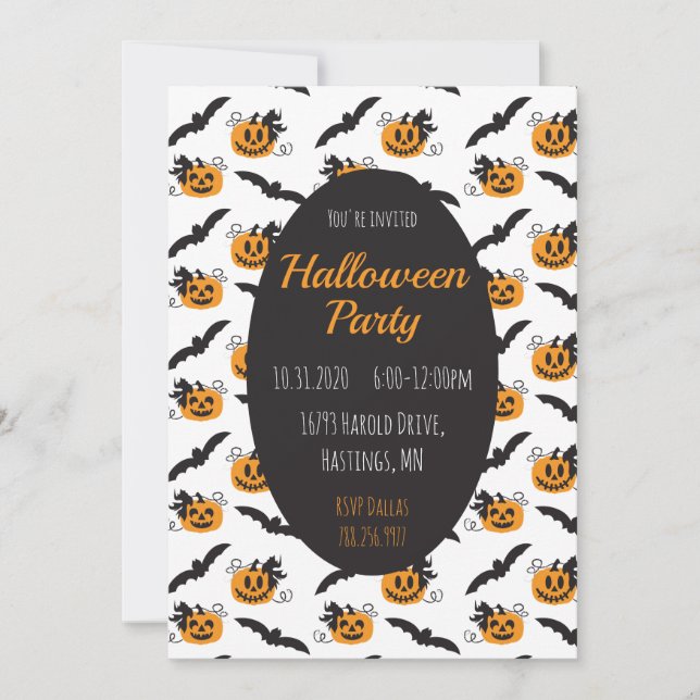 Invitation Halloween Party Jack O Lanterns Bat Black Orange (Devant)