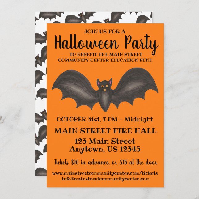 Invitation Halloween Party Orange Black Bat Trick or Treat (Devant / Derrière)