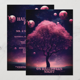Invitation Halloween Party Pink Tree Red Moon Dark Night
