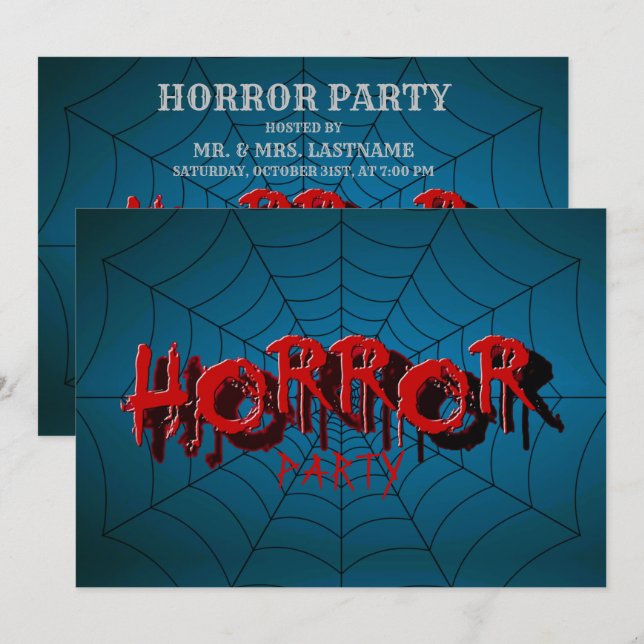 Invitation Halloween Party Red Horror Spider Web Blue Effraye (Devant / Derrière)