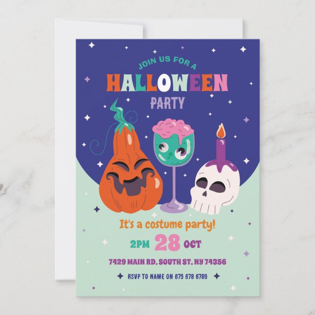 Invitation Halloween Party Retro Cocktails Crâne Vintage (Devant)