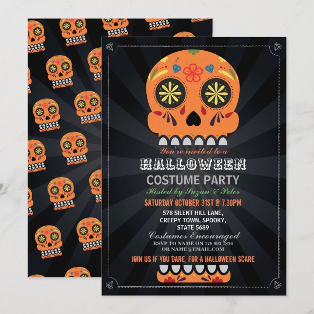 Invitation Halloween Party Sugar Skull Octobre Orange Citroui (Devant / Derrière)