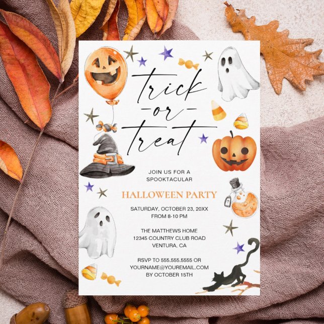 Invitation Halloween Party « Trick or Treat » à l' (Treat your guests to a charming Halloween celebration with this whimsical watercolor invitation.)