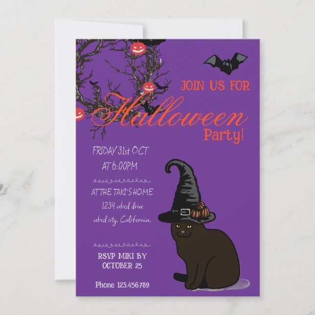 Invitation Halloween Personnalisé Whimsical Funny Chat Purple (Devant)