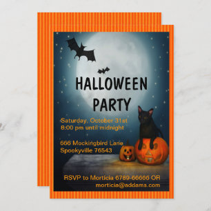 Invitation Halloween Pleine lune, Chat et Citrouille