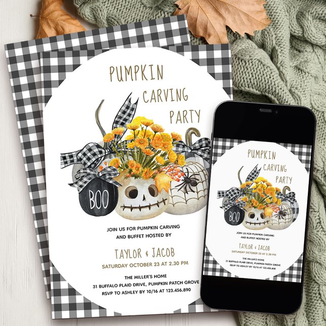Invitation Halloween Pumkin Carving Party (Halloween Pumpkin Carving Party Invitation with stylish farmhouse plaid and fall flowers)