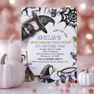 Invitation Halloween Purple Green Petite Sorcière Anniversair