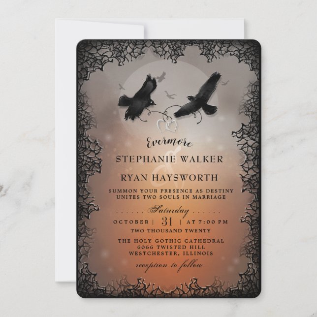 Invitation Halloween Ravens et Coeurs Evermore Mariage (Devant)