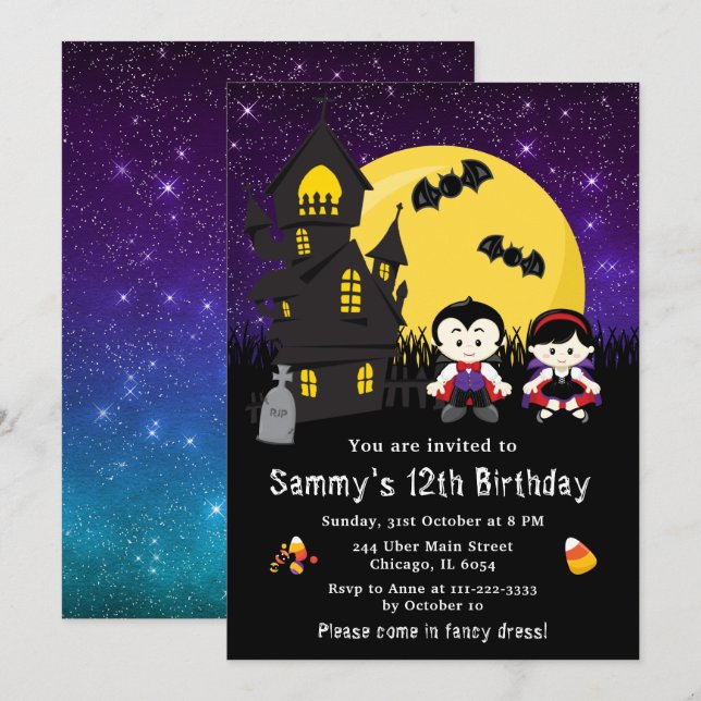 Invitation Halloween robe fantaisie Anniversaire Vampires vio (Devant / Derrière)