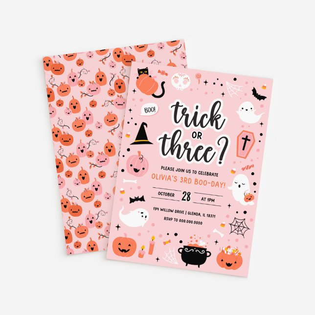Invitation Halloween rose et orange 3ème anniversaire Invitat (Pink and Orange Halloween 3rd Birthday Invitation )