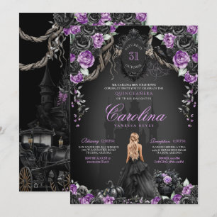 Invitation Halloween Rose noire violette princesse Quinceañer