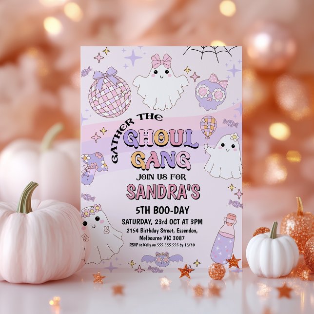 Invitation Halloween rose rétro Vague Ghoul Gang Anniversaire (Halloween Ghoul Gang Birthday Invitation, Retro Purple Pink Ghoul Gang Halloween Birthday Invitation)