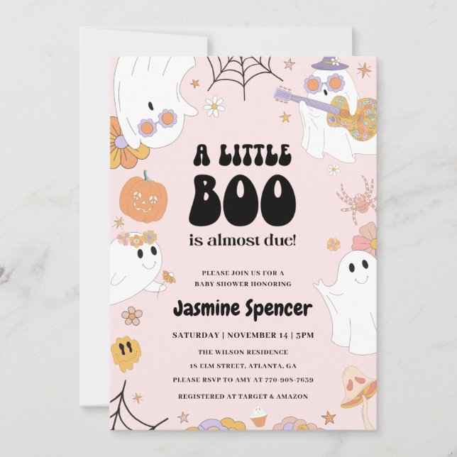 Invitation Halloween rose Un Petit Boo Est Bon Baby shower (Devant)