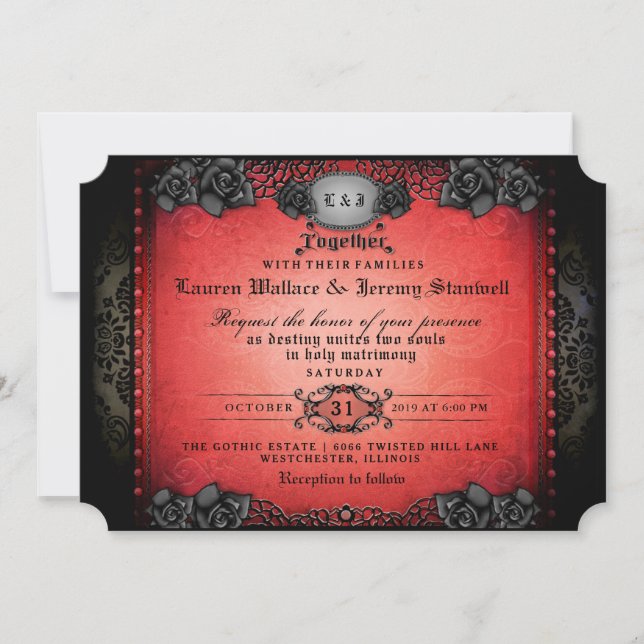 Invitation Halloween rouge et noir gothique avec Mariage (Devant)