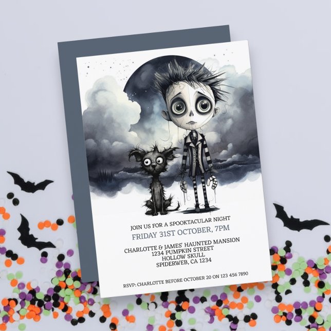 Invitation Halloween Scary Boy et Chien sous une Pleine lune (Halloween Scary Boy and Dog Under a Full Moon Invitations from Ricaso. Spikey haired boy with dog)