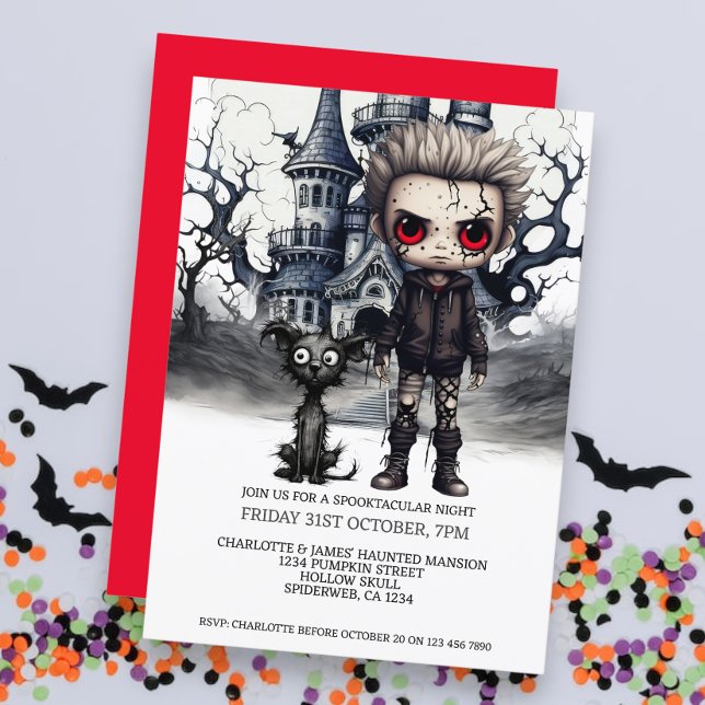 Invitation Halloween Scary Boy et Chien sous une Pleine lune (Halloween Scary Boy and Dog Under a Full Moon Invitation from Ricaso. Fun black dog Halloween )