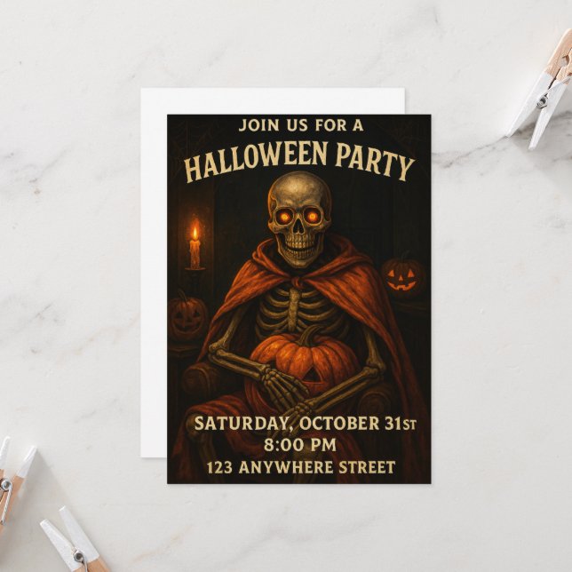 Invitation Halloween Skeleton Citrouille Thème Party (Devant/Arrière en situation)