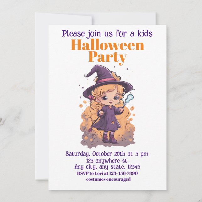Invitation Halloween sorcière 11 enfants, charmante sorcière (Devant)