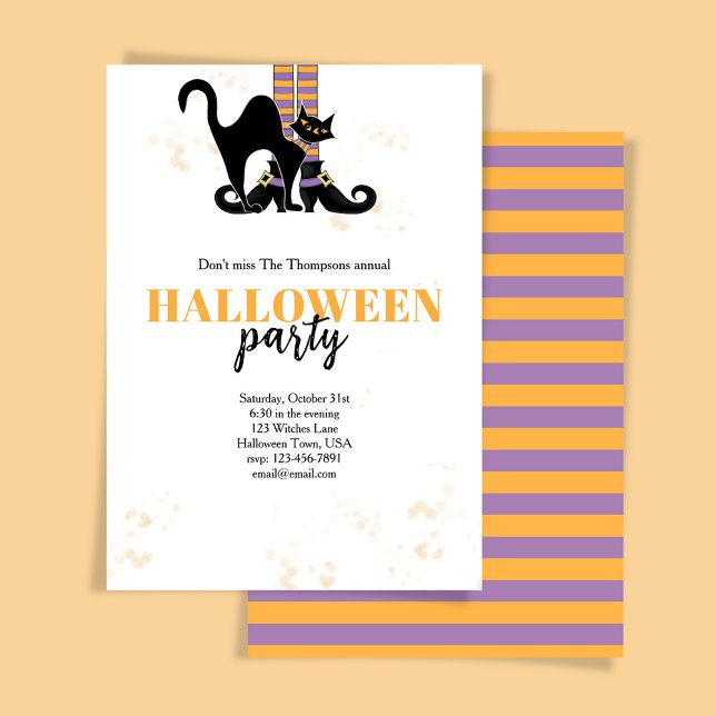 Invitation Halloween Sorcière Chat noir Whimsical (Whimsical Halloween party invitation with a witch and black cat.)