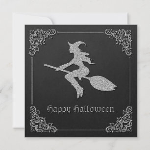 Invitation Halloween sorcière volante en argent