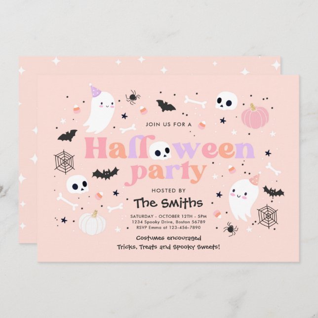 Invitation Halloween Spooktaculaire Parti mignon Fantôme rose (Devant / Derrière)