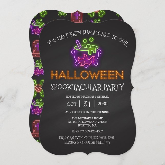 Invitation Halloween Spooktacular Party Neon Witch Cauldron I (Devant / Derrière)