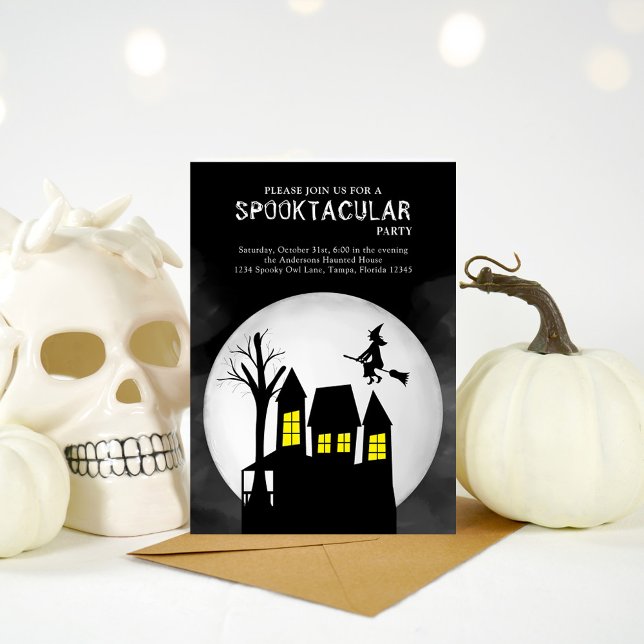 Invitation Halloween Spooktacular sorch Maison hantée (Halloween spooktacular invitation with haunted house ans flying witch. )