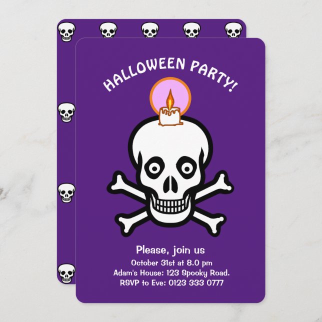 Invitation Halloween spooky skulls on royal purple Invite (Devant / Derrière)