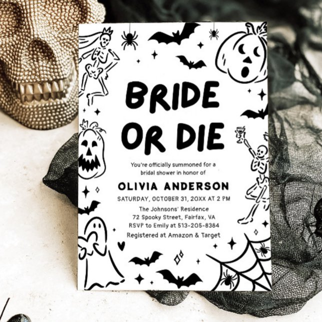 Invitation Halloween squelette Fête des mariées fantôme (Hand Drawn Halloween Skeleton Ghost Bridal Shower Invitation)