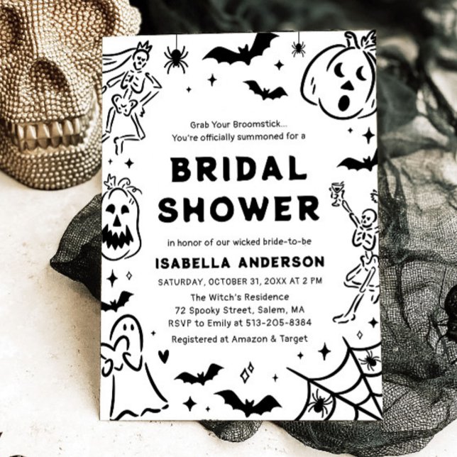 Invitation Halloween squelette Fête des mariées fantôme (Hand Drawn Halloween Skeleton Ghost Bridal Shower Invitation)