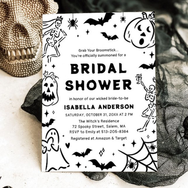 Invitation Halloween squelette Fête des mariées fantôme (Hand Drawn Halloween Skeleton Ghost Bridal Shower Invitation)