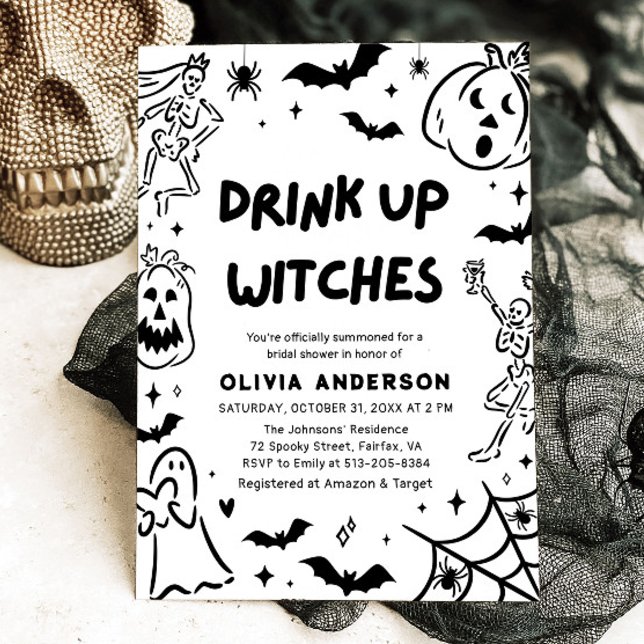 Invitation Halloween squelette Fête des mariées fantôme (Hand Drawn Halloween Skeleton Ghost Bridal Shower Invitation)