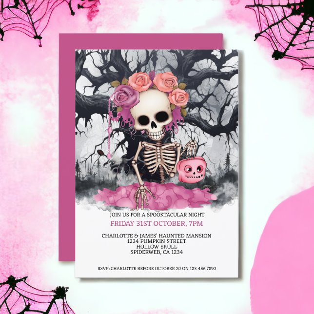 Invitation Halloween squelette rose Effrayant et arbre hanté (Halloween Scary Pink Skeleton And Haunted Tree Invitations from Ricaso)