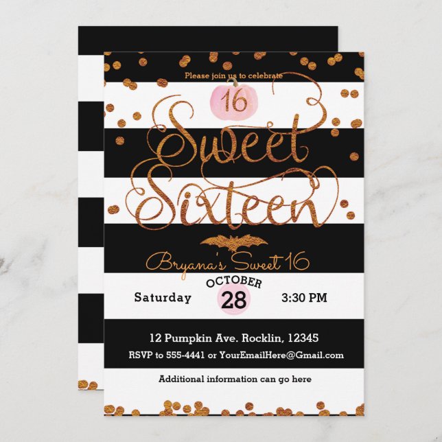 Invitation Halloween Sweet 16 Anniversaire fête Noir blanc ro (Devant / Derrière)
