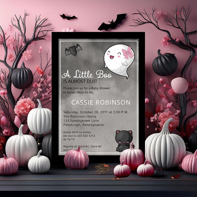Invitation Halloween Un Petit Baby shower Fille Fantôme Boo I (Cute "A Little Boo Is Almost Due" Girl Baby Shower Coquette Ghost Kawaii Baby Shower Invitation)
