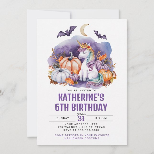 Invitation Halloween Unicorn Aquarelle fête d'anniversaire (Devant)