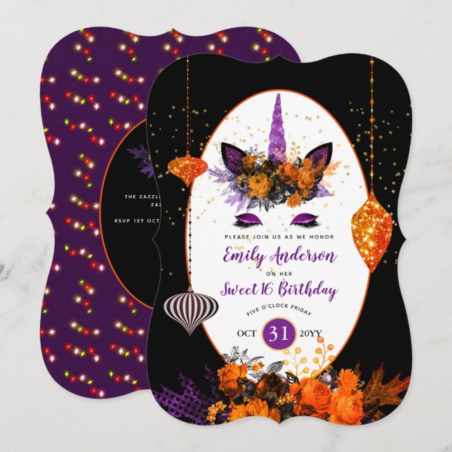 Invitation Halloween Unicorn Visage Anniversaire Purple Orang (Devant / Derrière)