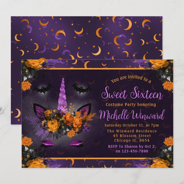 Invitation Halloween Unicorne florale Sweet sixteen visage (Devant / Derrière)