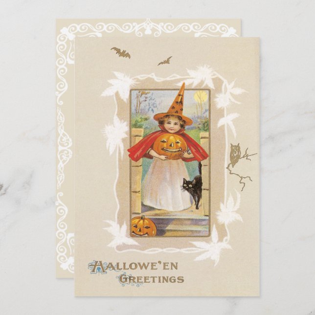 Invitation Halloween vintage Cute Little Witch (Devant / Derrière)