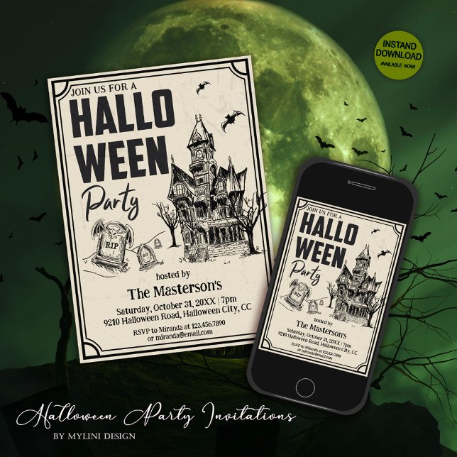 Invitation Halloween vintage Éffrayant Graveyard Hounted Hous (Créateur téléchargé)