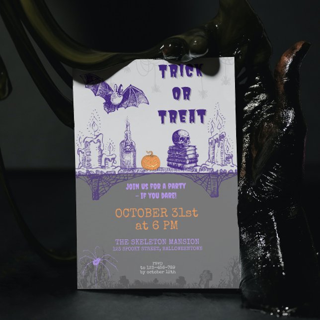 Invitation Halloween vintage gris orange violet (Créateur téléchargé)