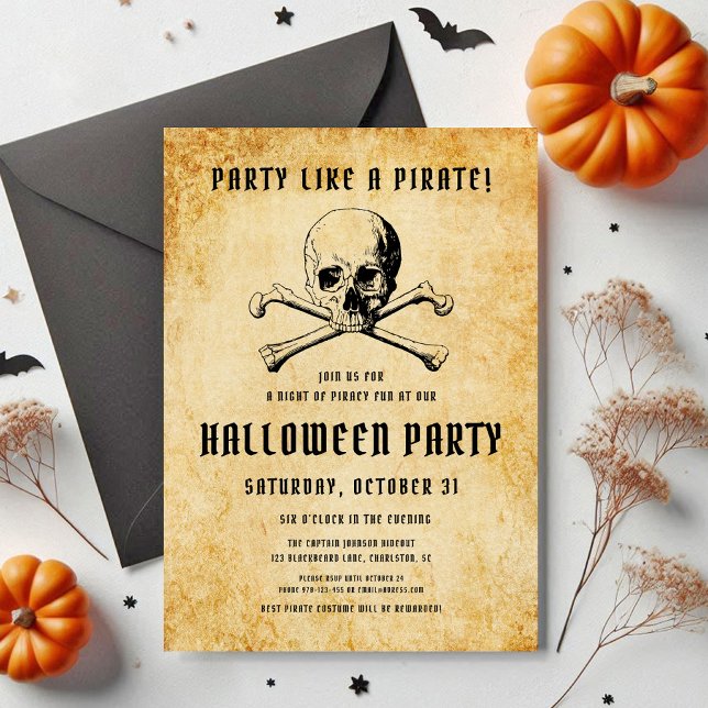 Invitation Halloween vintage Pirate Party (Vintage Pirate Party Skull & Bones Halloween Invitation)