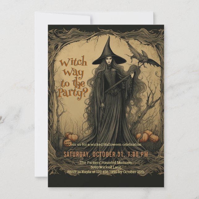Invitation Halloween vintage sorcière (Devant)
