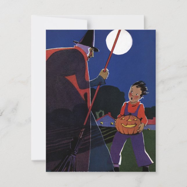 Invitation Halloween vintage, sorcière effrayante avec garçon (Devant)
